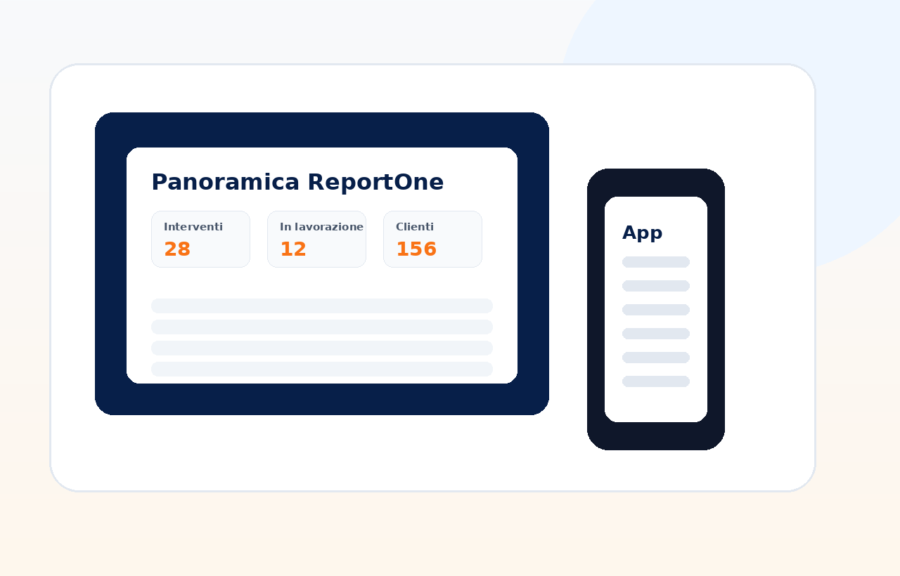 Mockup ReportOne con dashboard e app mobile per rapportini di lavoro